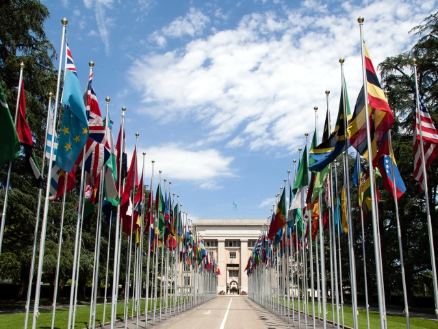 United Nations Flag entrance in Geneva Switzerland